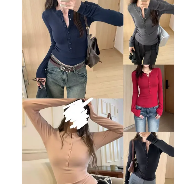大码微胖mm秋季长袖修身收腰v领排扣百搭纯欲磨毛垫肩打底衫