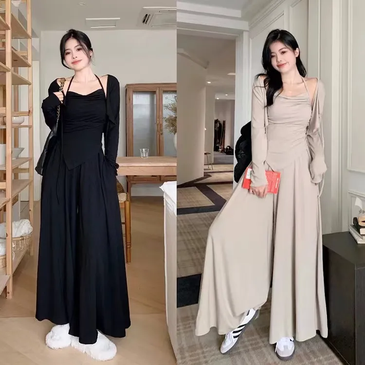 大码早秋胖mm慵懒不规则吊带防晒开衫阔腿裤三件套女女老钱风穿搭