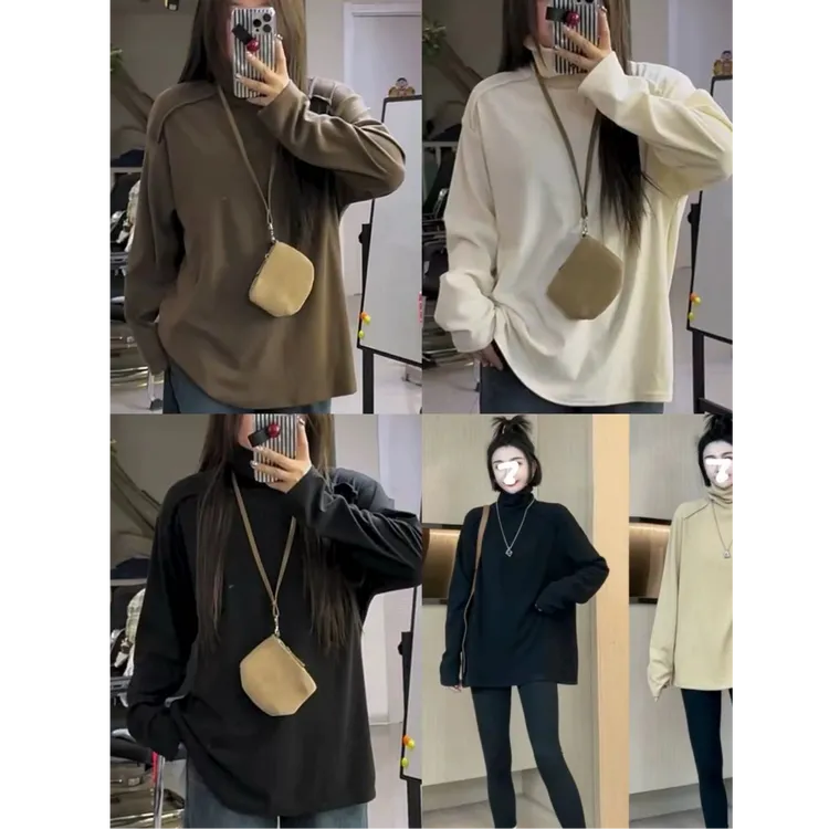 2025秋冬磨毛弹力宽松不显肉线条高领打底上衣百搭长袖打底衫胖mm