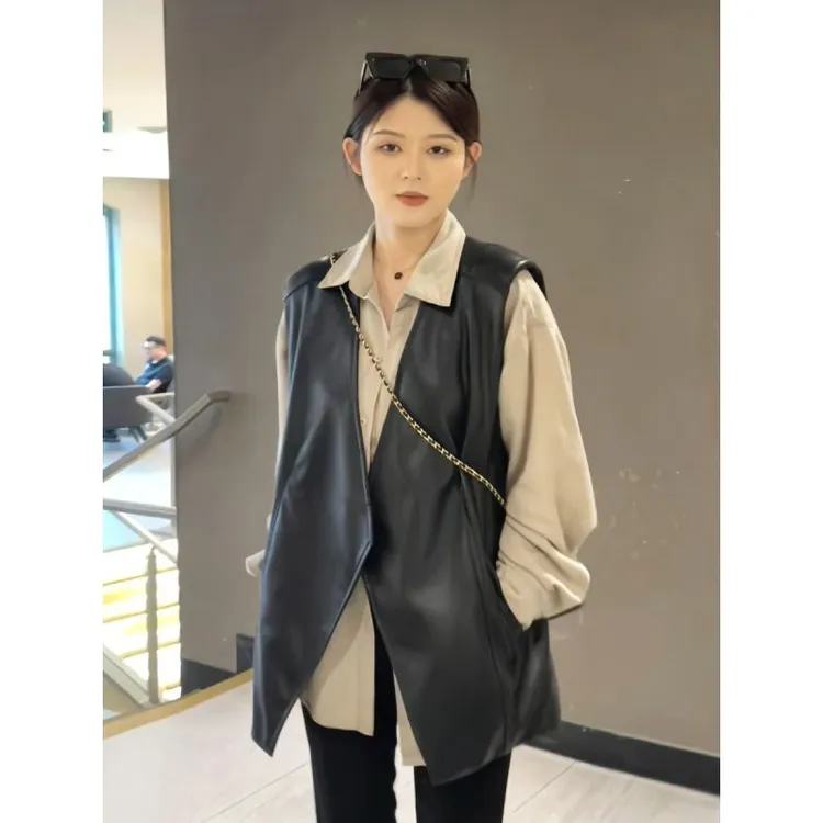 欧货2025春秋新款不规则宽松百搭休闲叠穿PU皮休闲大版坎肩外搭女