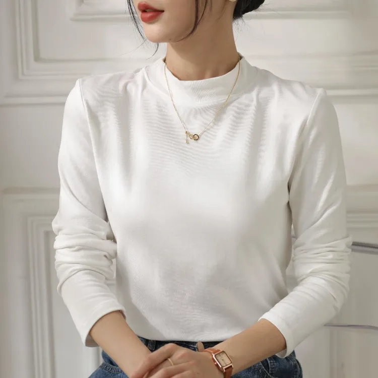 螺纹弹力棉纯色小立领打底衫秋冬季半高领百搭显瘦上衣长袖女t恤