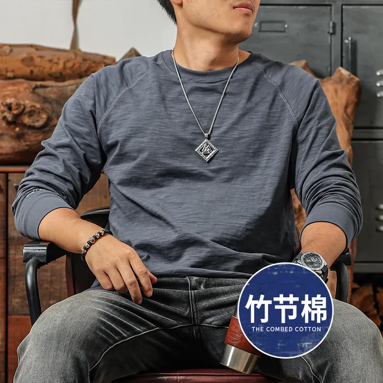 季言高端竹节棉男士长袖t恤潮流体恤男装 圆领插肩运动纯棉打底衫