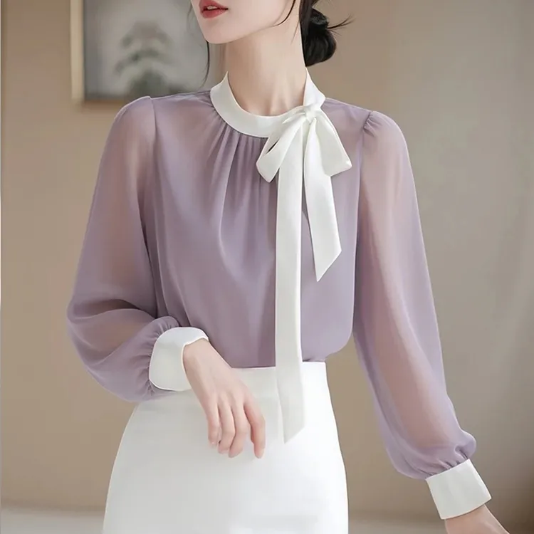 初秋今年流行紫色气质长袖系带蝴蝶结衬衫法式上衣女别致漂亮小衫