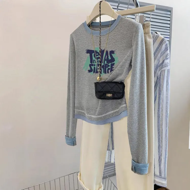 韩版百搭大码条纹长袖T恤女春秋小个子正肩印花打底衫ins冬天内搭