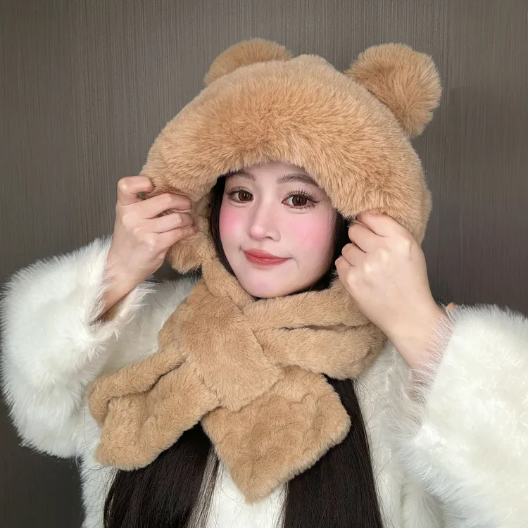 可爱毛绒帽子围巾变帽子女冬季小熊保暖加厚护耳帽加宽毛圈防寒