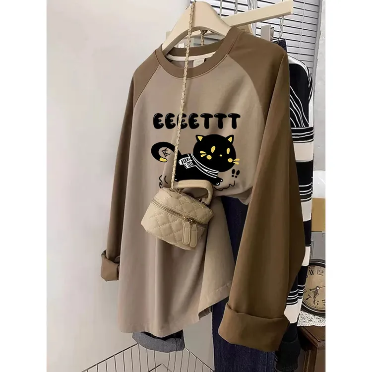 秋季纯棉长袖t恤女2024年新款胖mm设计感小众宽松插肩袖拼接上衣