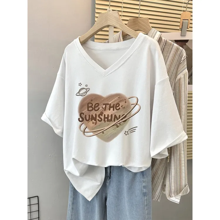 大码V领短袖t恤女2024夏季新款设计感小众纯棉oversize遮肚子上衣