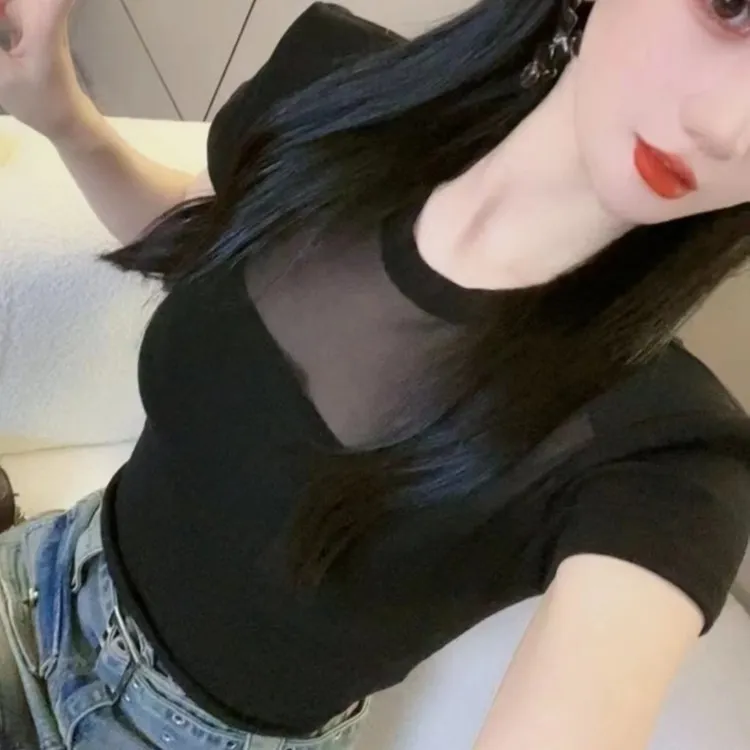 网纱拼接短袖t恤女韩版时尚蕾丝纯欲女装夏季辣妹小众黑色上衣潮