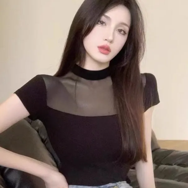 网纱拼接短袖t恤女韩版时尚蕾丝纯欲女装夏季辣妹小众黑色上衣潮