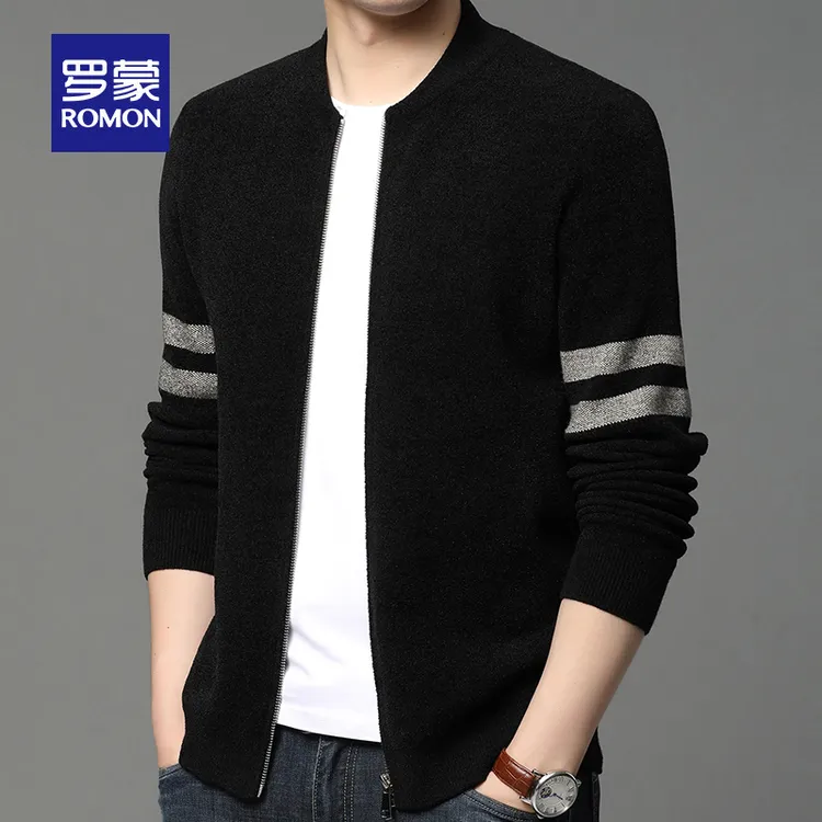 Romon/罗蒙春秋季棒球领男士针织开衫外穿毛衣男外套韩版潮流上衣
