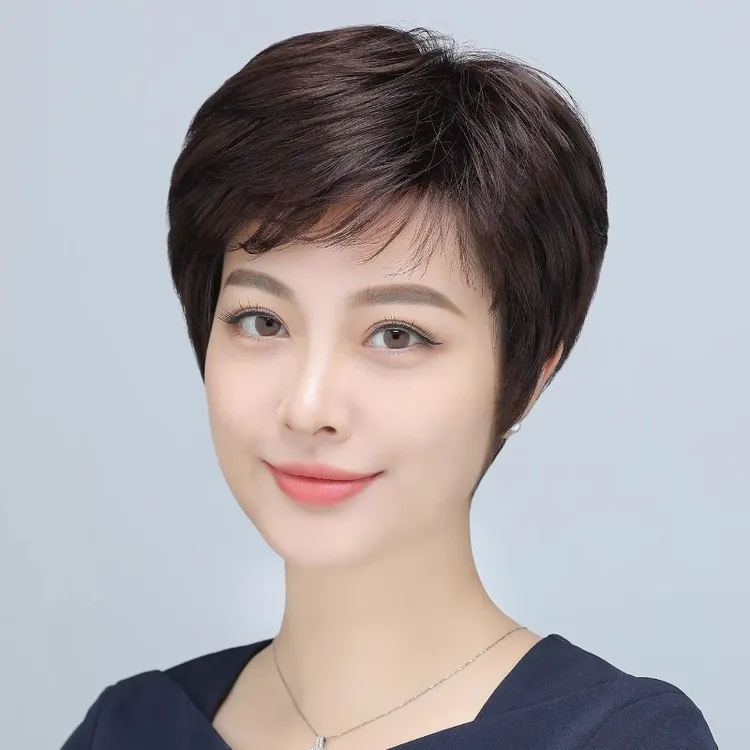 假发女款全头套100%全真发短发假发女款自然刘海中年妈妈短发发套