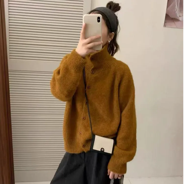 韩系复古立领高领毛衣外套女春秋软糯糯上衣外穿宽松慵懒针织开衫