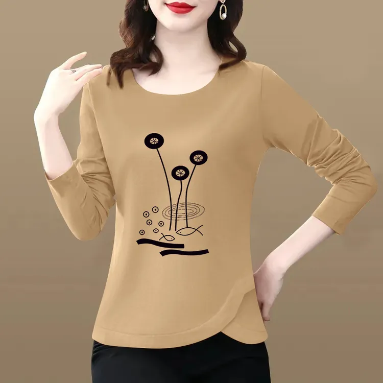 春秋 100%纯棉t恤女长袖中年妈妈上衣内搭打底衫秋衣女款外穿洋气