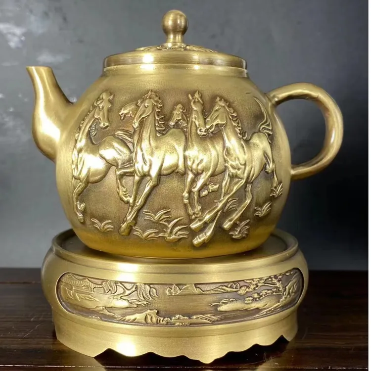 全黄铜打造【端把马到成功酒壶】{直径11cm高8cm重320g}