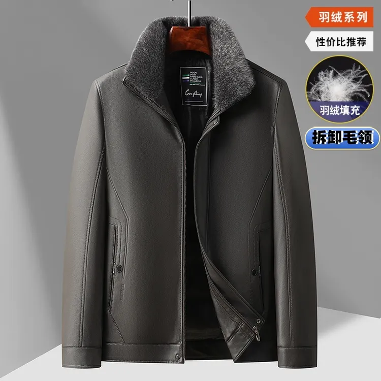 拆卸毛领高档白鸭绒皮衣冬季保暖抗寒时尚都市休闲爸爸装皮夹克男