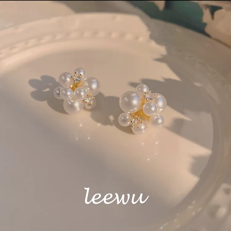 合金仿珍珠耳饰 山茶花海气质甜美耳环清新轻奢简约时尚百搭精致