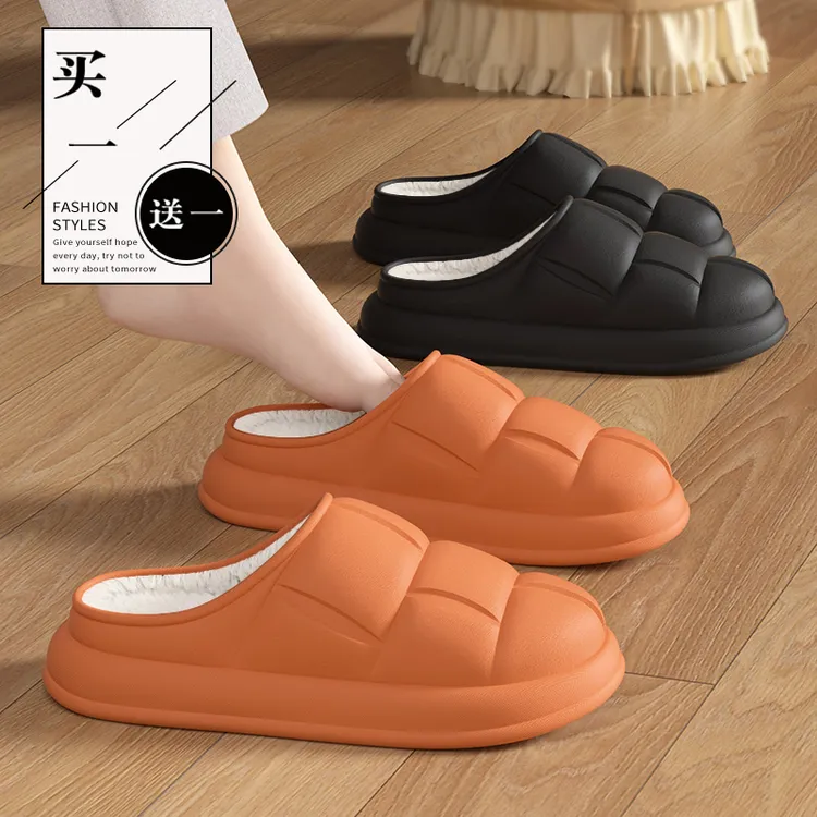 洋山公羊买一送一防水情侣棉拖鞋女秋冬季居家防滑加绒保暖棉鞋男
