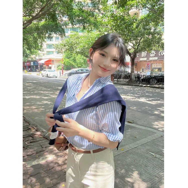 条纹衬衫外套女气质外搭开衫薄款宽松长袖纯棉上衣防衬衣