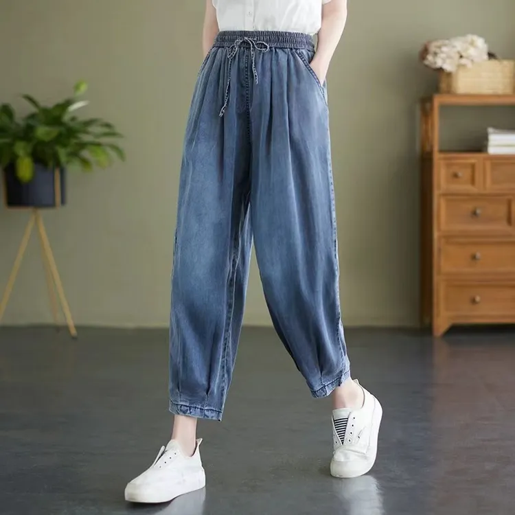 新款莱赛尔天丝牛仔裤女2025夏季冰凉感薄款九分高腰百搭哈伦裤