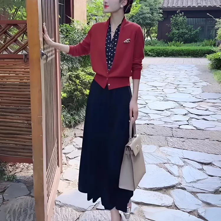 假两件上衣V领针织衫女开衫长袖显瘦秋冬气质高腰垂感半身裙99128