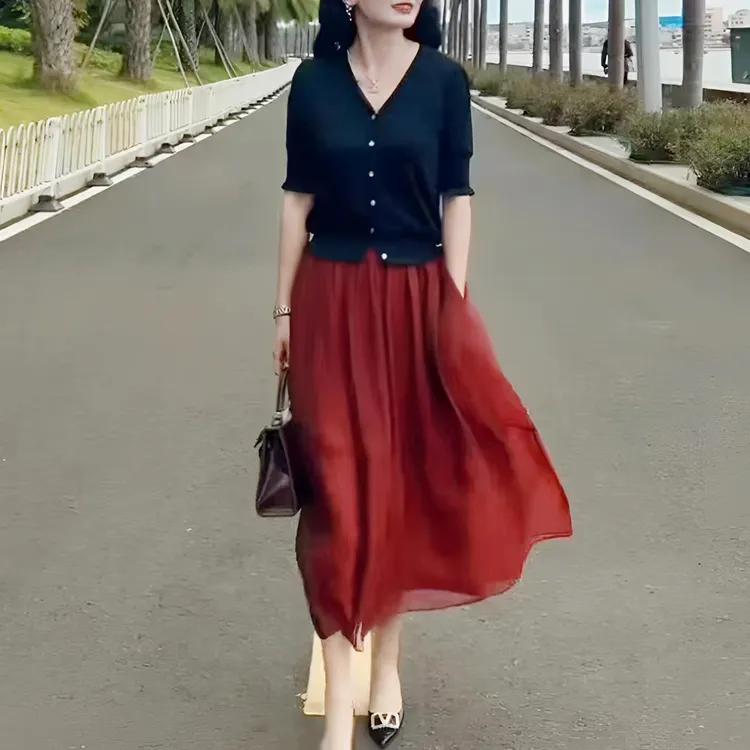 夏冰丝薄款T恤女短袖小香风花边针织开衫上衣显瘦气质半身裙时尚