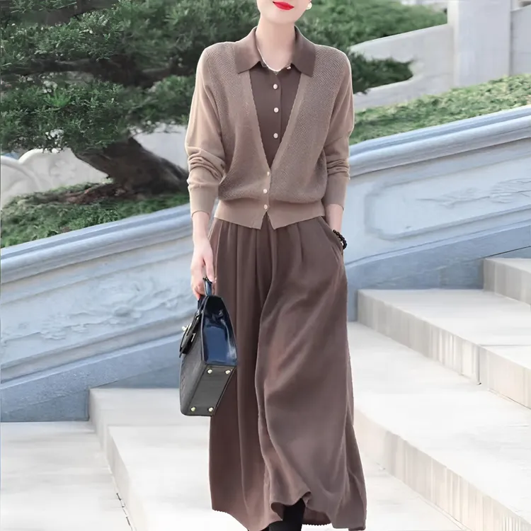 假两件开衫翻领长袖针织衫女秋冬新款高级感显瘦中长款垂感半身裙