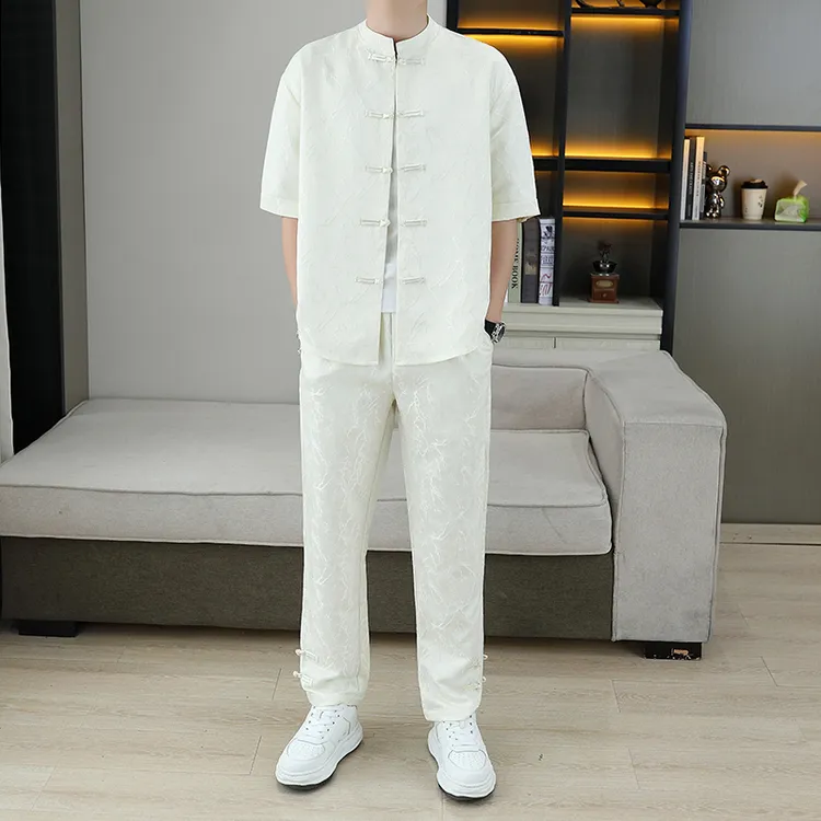  夏季中国风复古休闲短袖套装薄款男士时尚立领大码中式修身宽松T