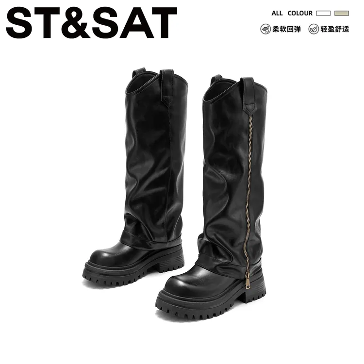 星期六英伦风裤管靴女靴2025年冬款百搭休闲堆堆靴厚底马丁靴长靴