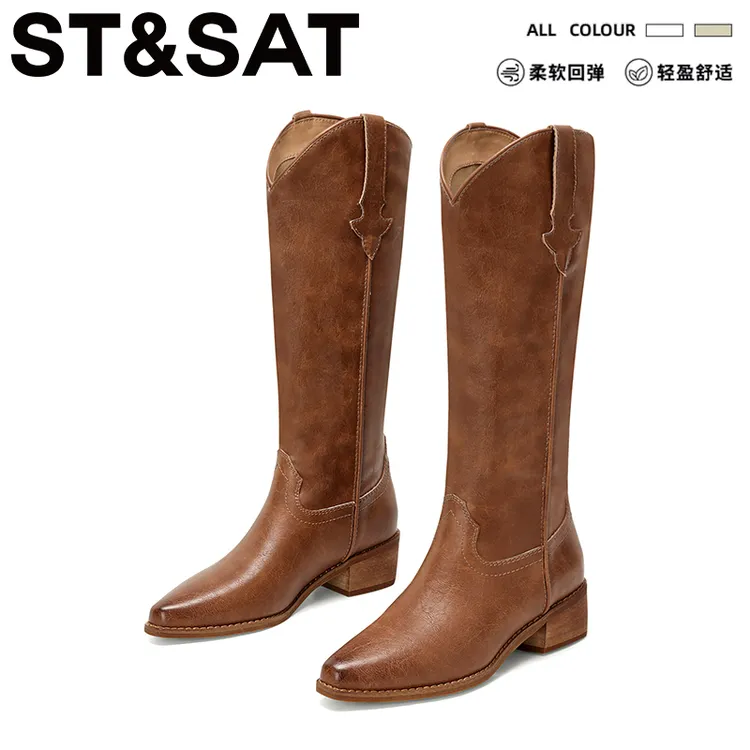 星期六西部牛仔靴女v口高筒长靴粗跟冬季复古尖头显瘦长筒骑士靴