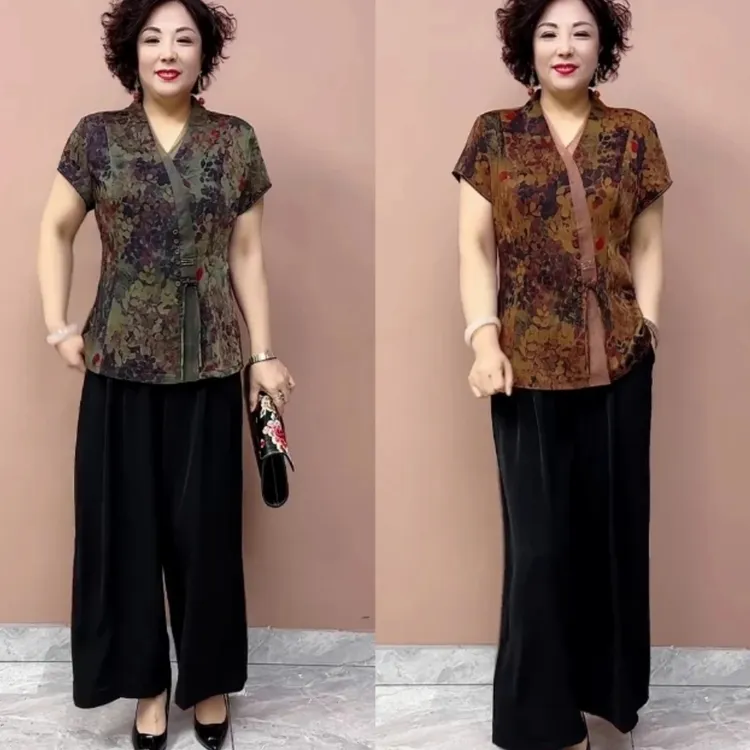 2025夏季新款时尚洋气阔腿裤大码显瘦中老年休闲气质套装