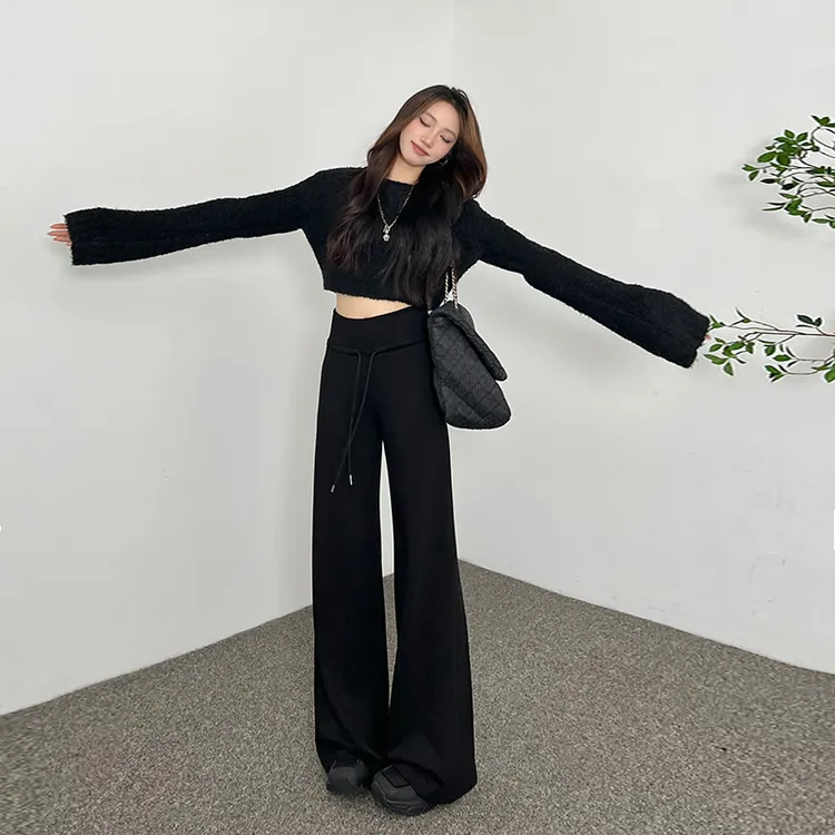 抽绳休闲裤女秋冬新款宽边松紧高腰微喇直筒阔腿裤显瘦拖地长裤子