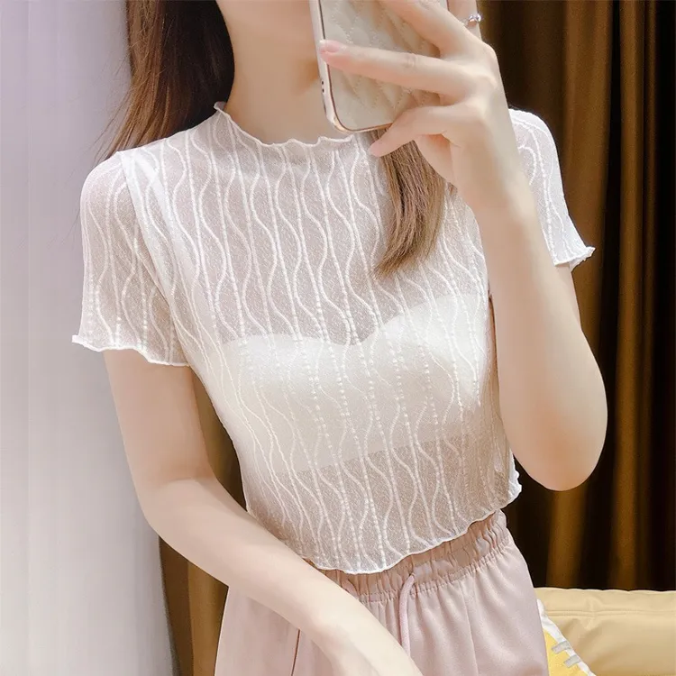 白色短款网纱打底衫女夏吊带裙内搭t恤短袖纱衣薄款防晒冰丝罩衫