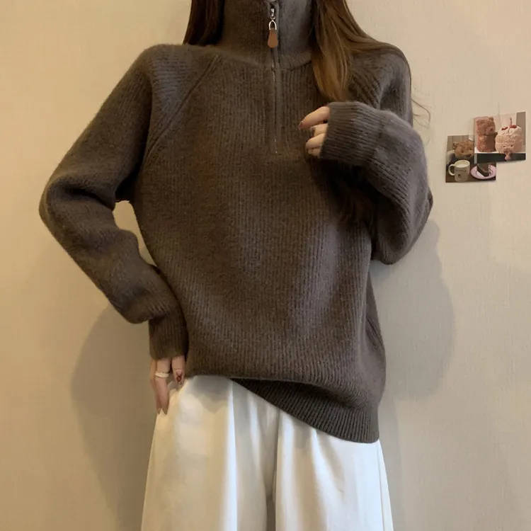 微胖妹妹大码半拉链立领针织衫女秋冬美式复古慵懒风宽松百搭毛衣