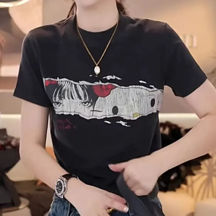 怀旧创意印花kitty猫上衣2024新款秋冬字母印花黑色短袖t恤女