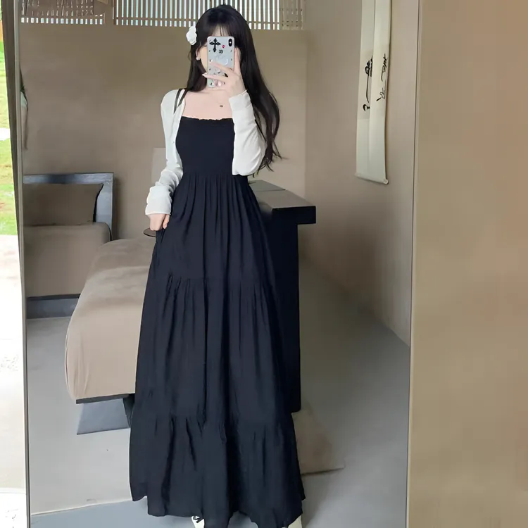 【去度假吧】微胖赫本风设计感复古多种穿法绑带吊带小黑裙套装