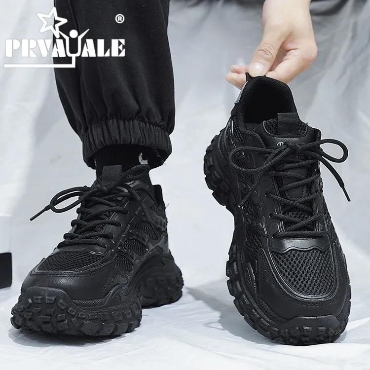 黑色网面透气男鞋夏季2025新款轮胎底防滑增高工作男士运动老爹鞋