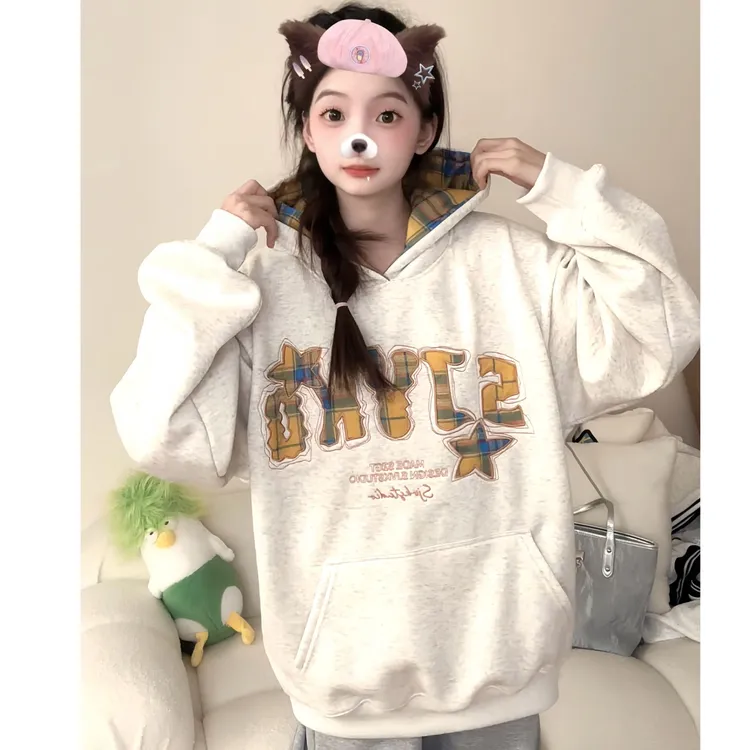 【帝韵】新款彩虹格子刺绣宽松百搭秋冬加绒加厚卫衣连帽上衣外套女