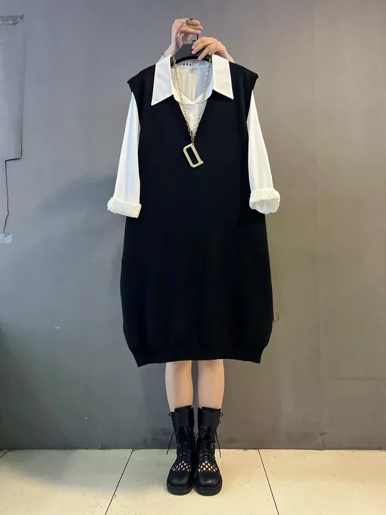 胖妹妹新款衬衫中长款马甲休闲两件套