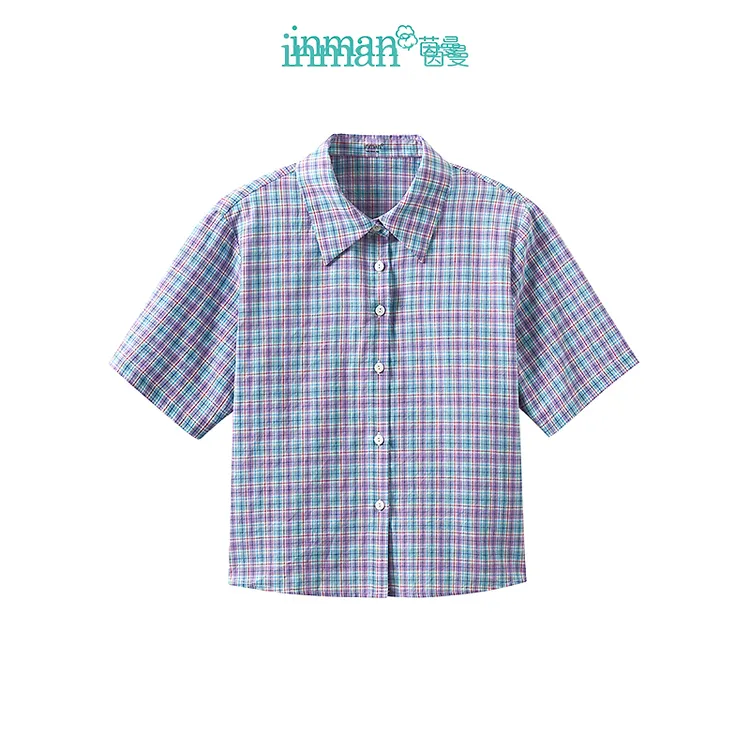 【商场同款】茵曼撞色格子亚麻衬衫2024夏季女装新款短袖宽松上衣