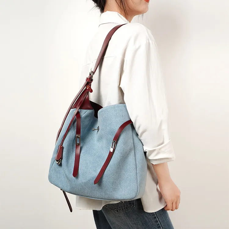 头层牛皮配牛仔布王菲同款新款托特包单肩斜挎包大容量通勤包时尚