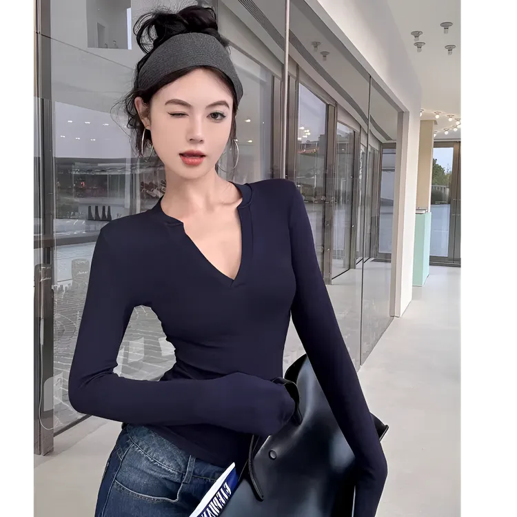 藏蓝色v领德绒长袖正肩T恤女秋冬修身紧身打底衫辣妹显瘦内搭上衣