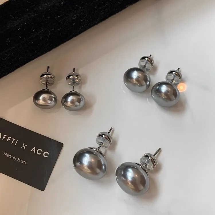 足银仿珍珠耳饰 999纯银耳针真多麻银灰色扁圆馒头珠珠高级感耳钉