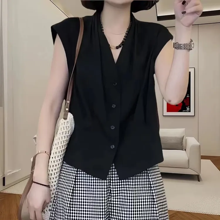 9803纯棉高端V领衬衫女夏季薄款纯色无袖设计感宽松显瘦休闲上衣