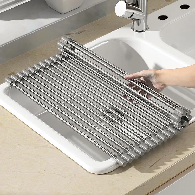 下水槽沥水置物架子可折叠硅胶卷帘垫厨房水池沥水架碗筷盘架网篮