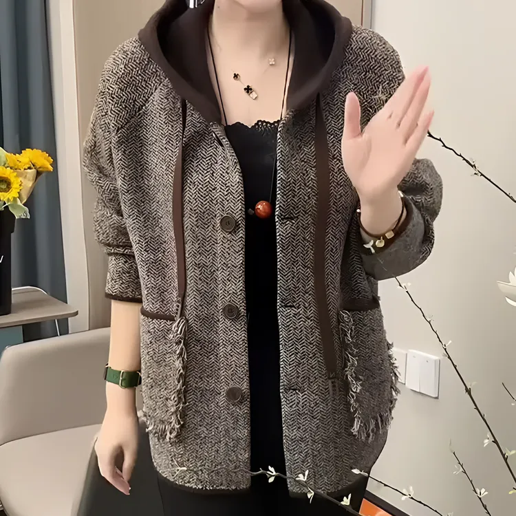 秋冬款时尚宽松弹力双兜大码妈妈上衣韩版连帽开衫加厚拼接款外套