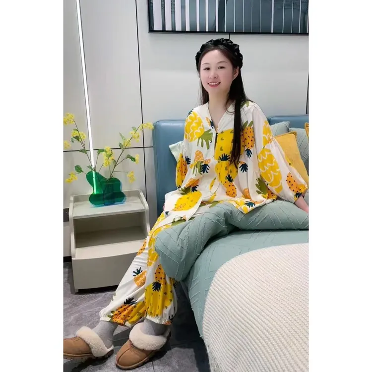 甜美菠萝对襟款时尚灯笼裤七分袖棉绸冬季睡衣家居服空调服大码