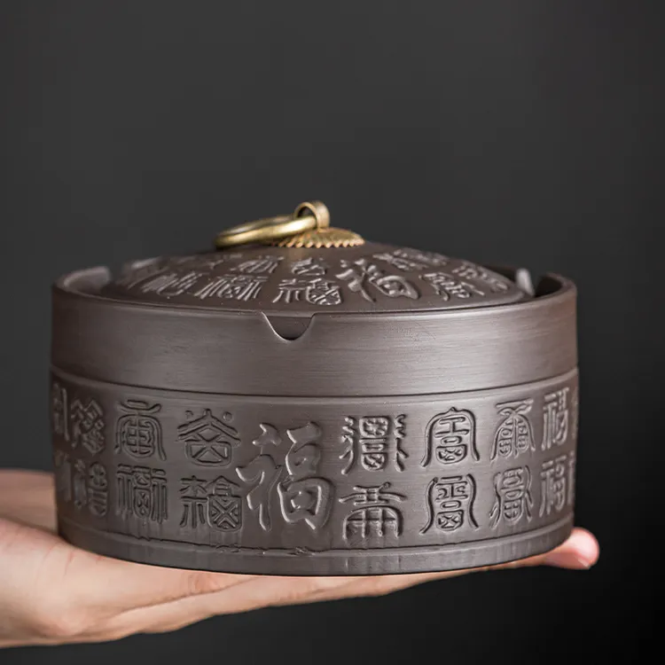 紫砂烟灰缸家用烟灰缸陶瓷烟缸烟盅带盖大小号中式复古创意陶瓷