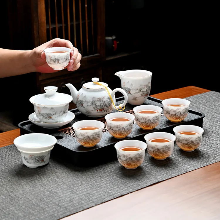冰种羊脂玉白瓷功夫茶具套装陶瓷盖碗茶杯家用办公室会客高档礼盒
