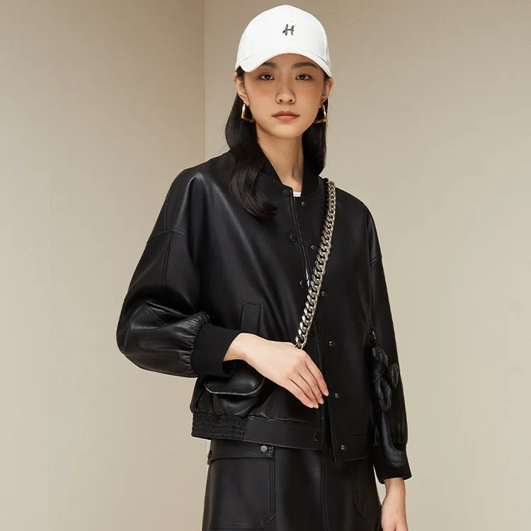 春秋款复古百搭休闲女士舒适时尚黑色光泽气质皮衣143A1256