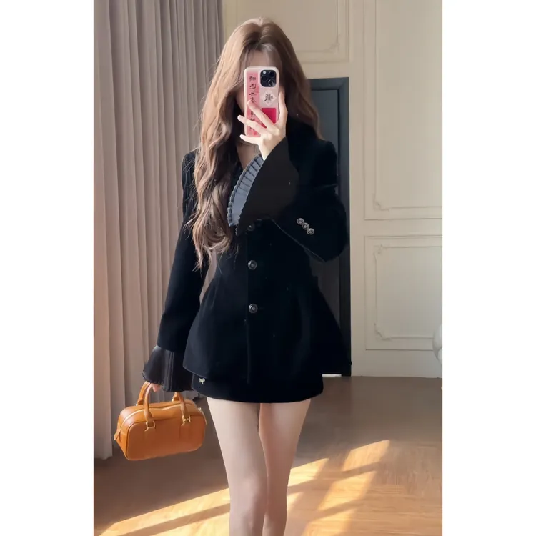 黑色丝绒小香风西装时尚生日收腰长袖气质外套性感半身战袍裤裙